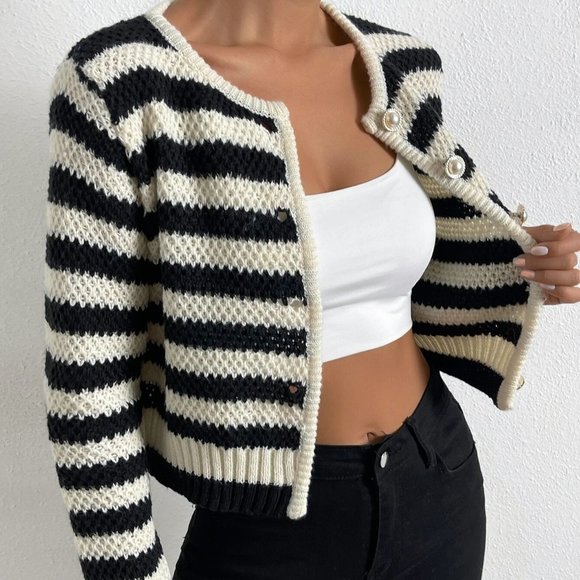 . Sweaters - Black And White Boho Womens Striped Pattern Button Front Cardigan